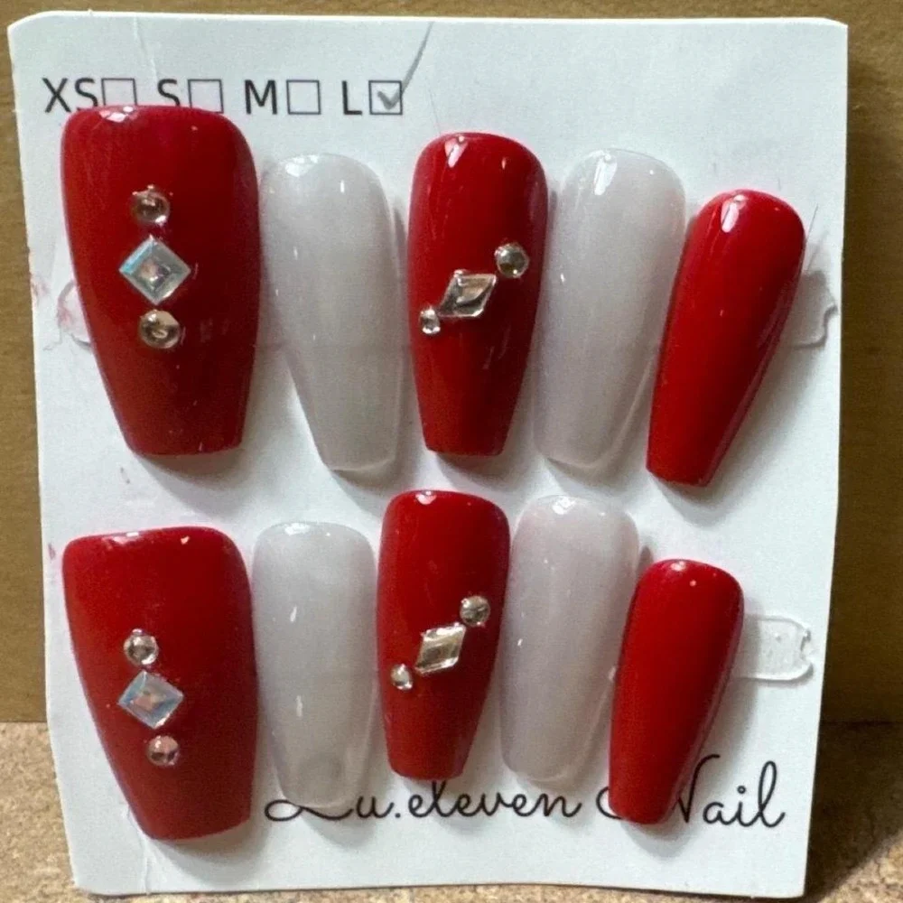 Red White Rhinestone Crystal Press On Nails Coffin Shape‎ Size L